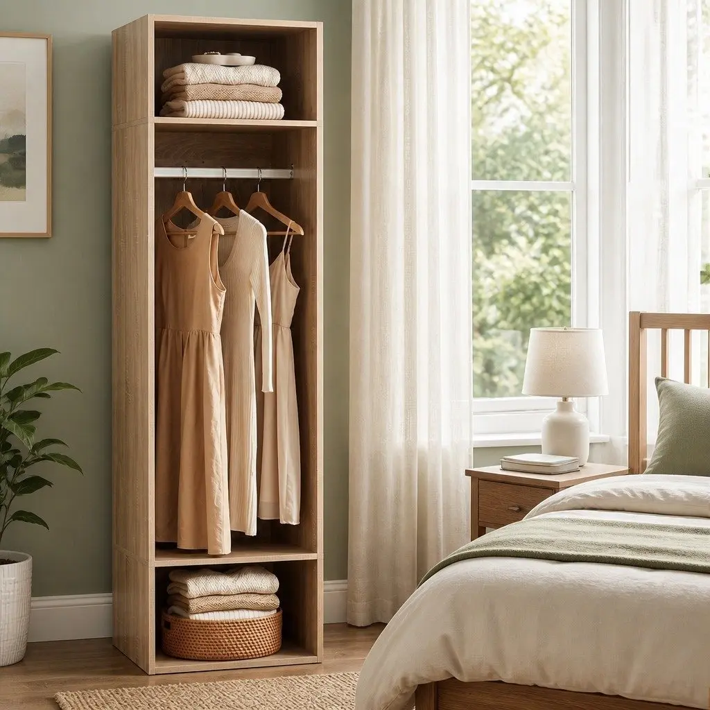 Pine Wardrobe Closet Storage Organizer with Hanging Rod and Open Shelves