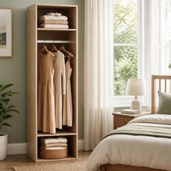 Pine Wardrobe Closet Storage Organizer with Hanging Rod and Open Shelves