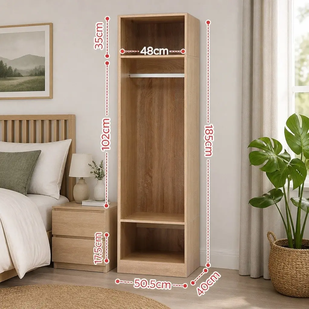 Pine Wardrobe Closet Storage Organizer with Hanging Rod and Open Shelves