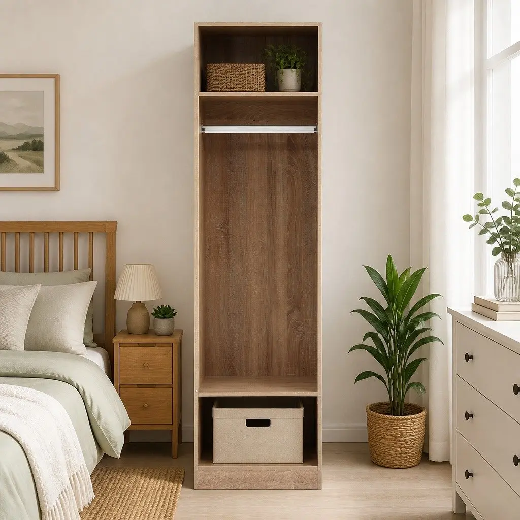 Pine Wardrobe Closet Storage Organizer with Hanging Rod and Open Shelves