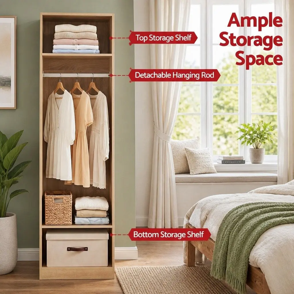 Pine Wardrobe Closet Storage Organizer with Hanging Rod and Open Shelves