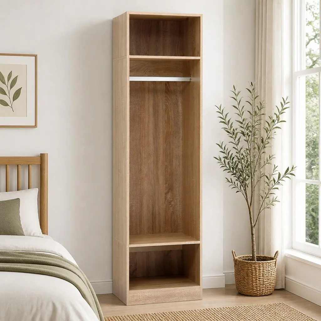 Pine Wardrobe Closet Storage Organizer with Hanging Rod and Open Shelves