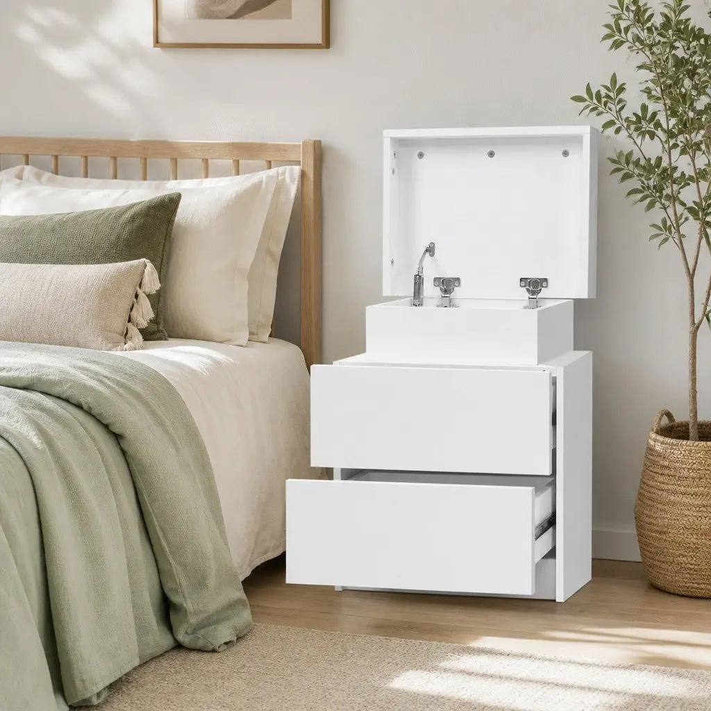 Bedside Table Particle Board with Melamine 45cm x 35cm x 52cm White