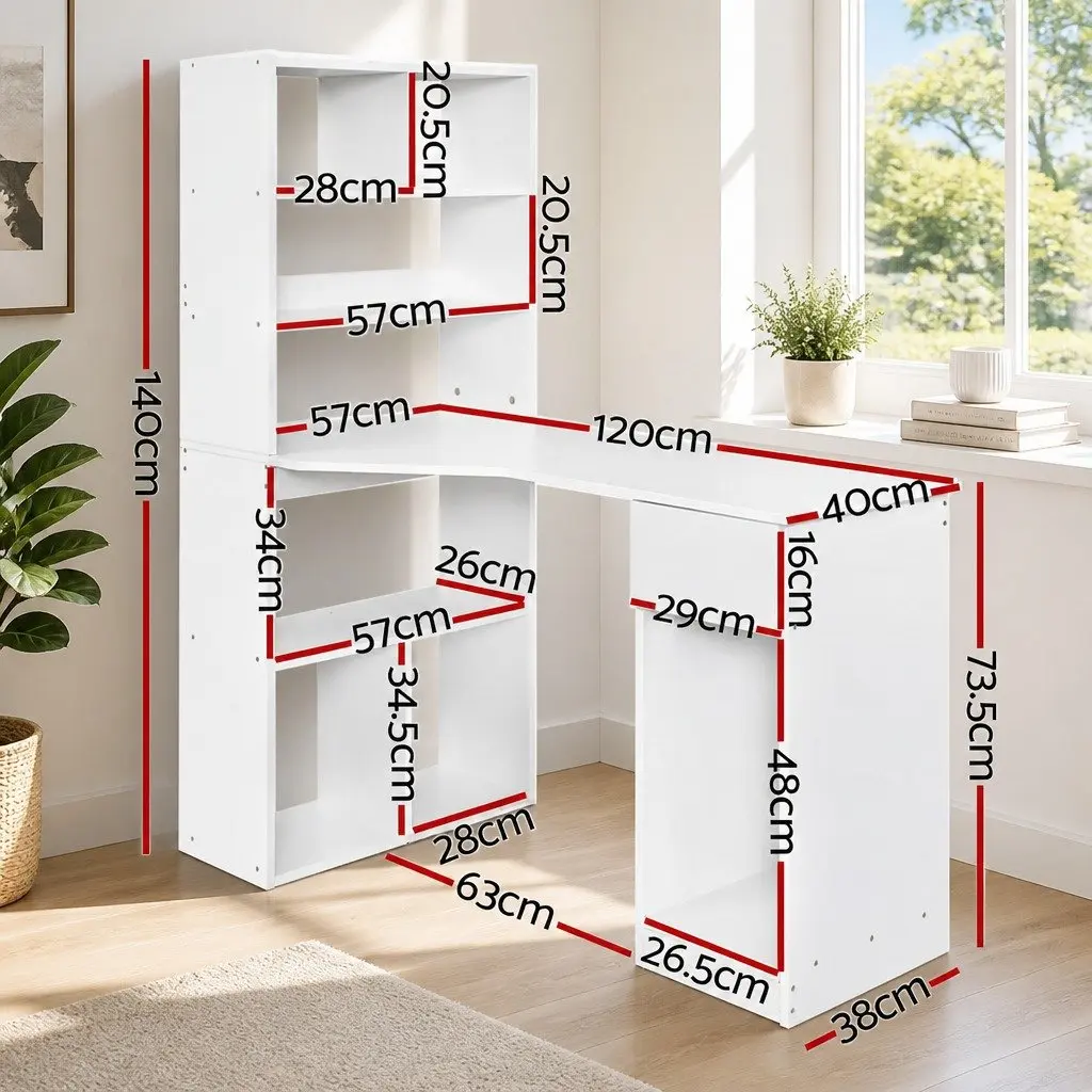 Computer Desk White 120cm with Integrated 5-Tier Bookshelf and Drawer Storage Workstation