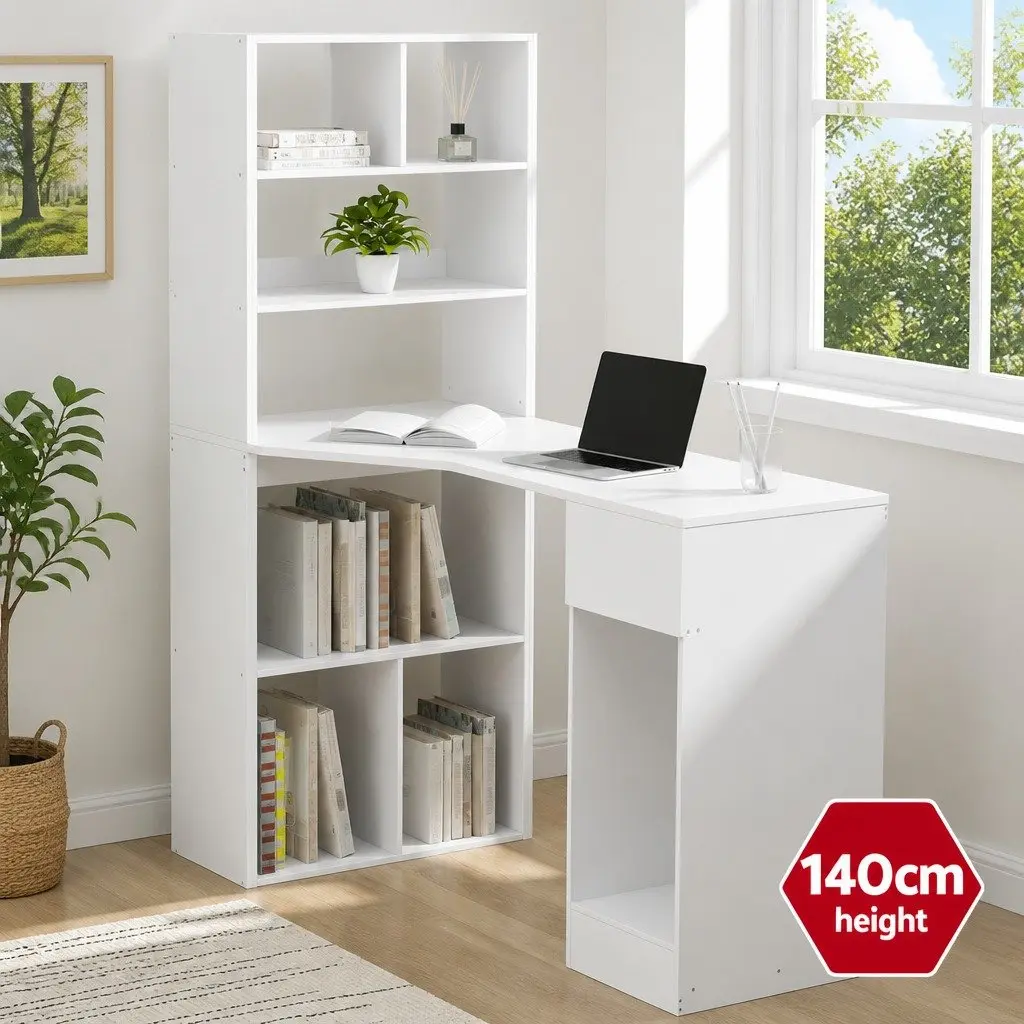 Computer Desk White 120cm with Integrated 5-Tier Bookshelf and Drawer Storage Workstation
