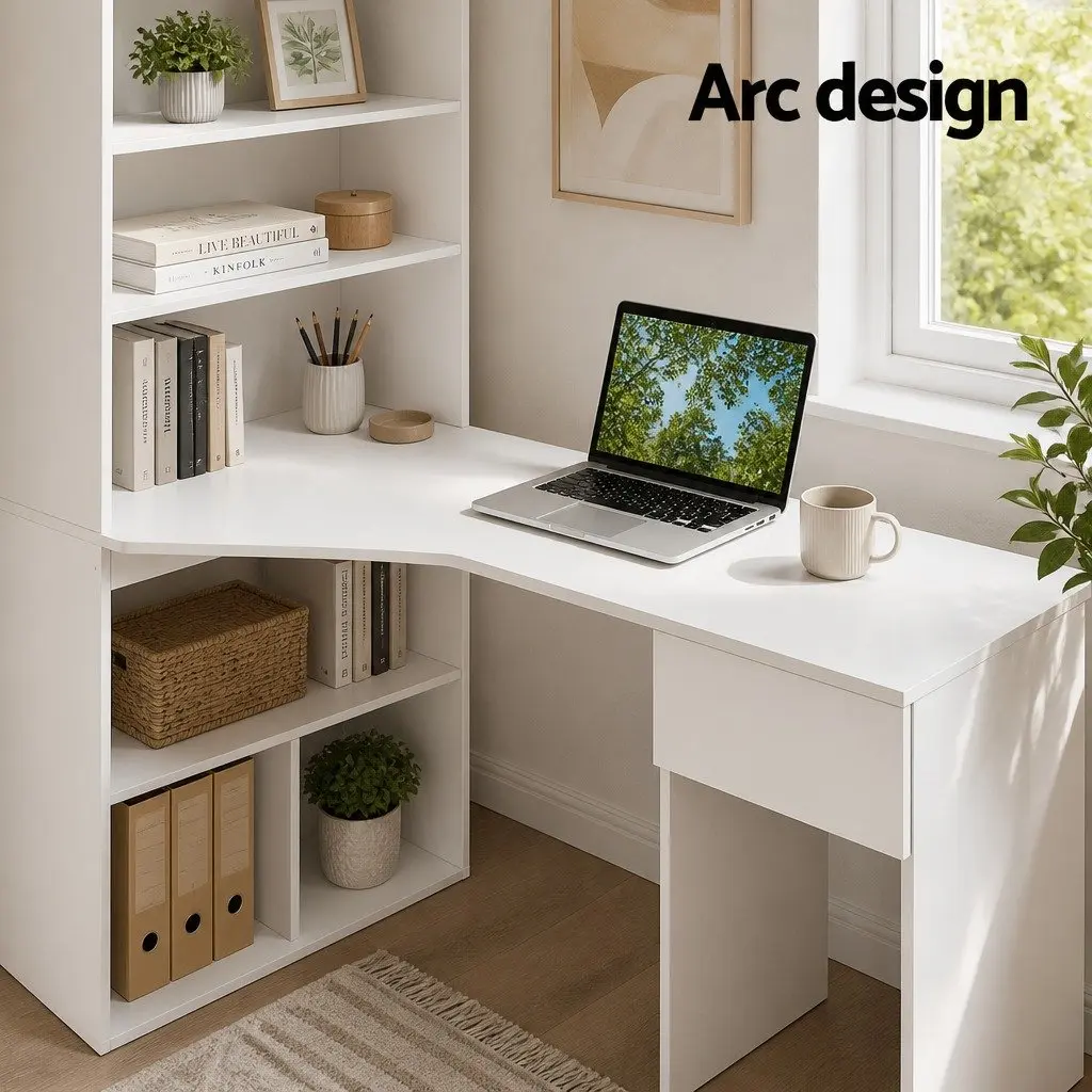 Computer Desk White 120cm with Integrated 5-Tier Bookshelf and Drawer Storage Workstation