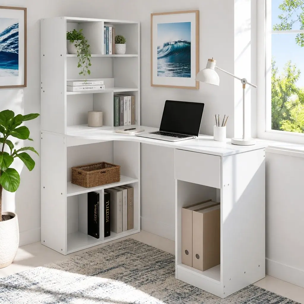 Computer Desk White 120cm with Integrated 5-Tier Bookshelf and Drawer Storage Workstation