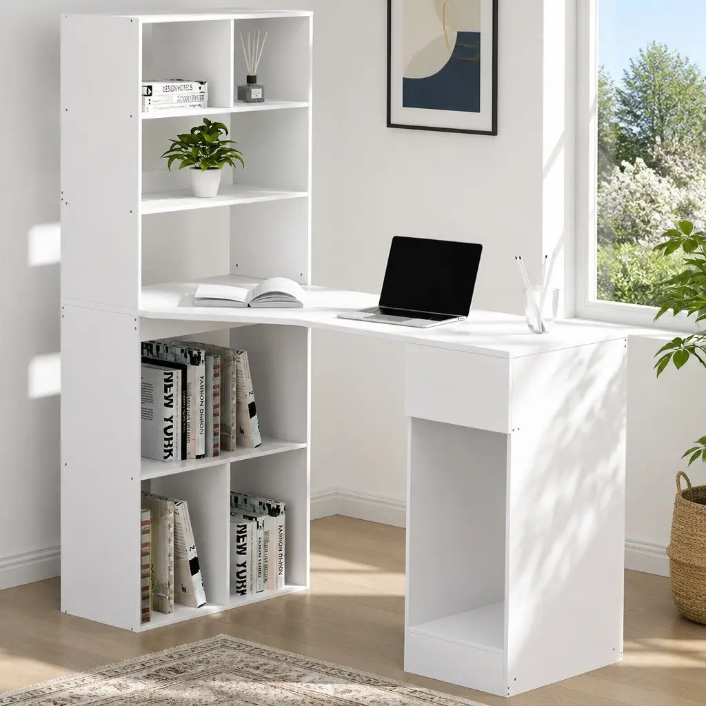 Computer Desk White 120cm with Integrated 5-Tier Bookshelf and Drawer Storage Workstation