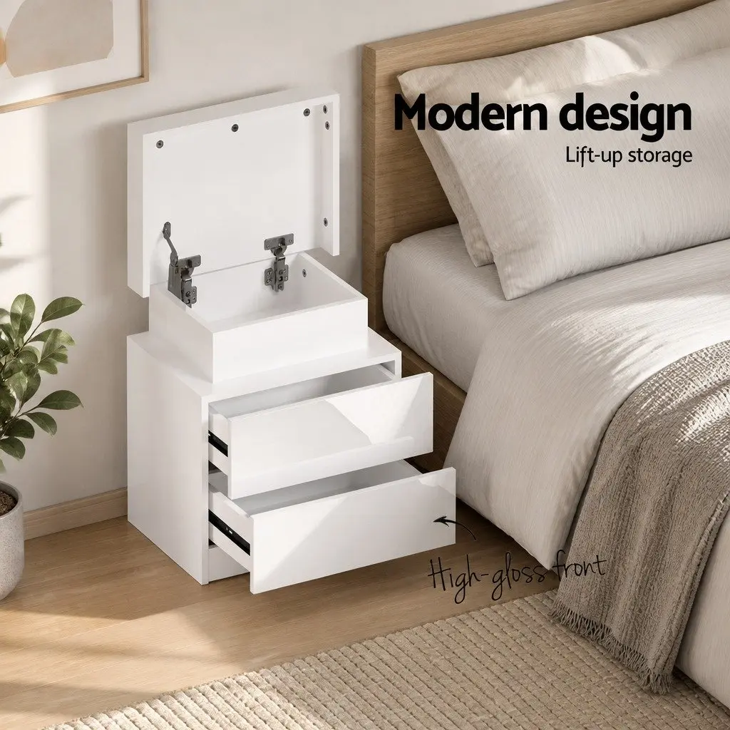 Bedside Table Particle Board MDF 45cm W x 35cm D x 52.5cm H White Modern with LED Lights 2 Drawers Lift-up Storage