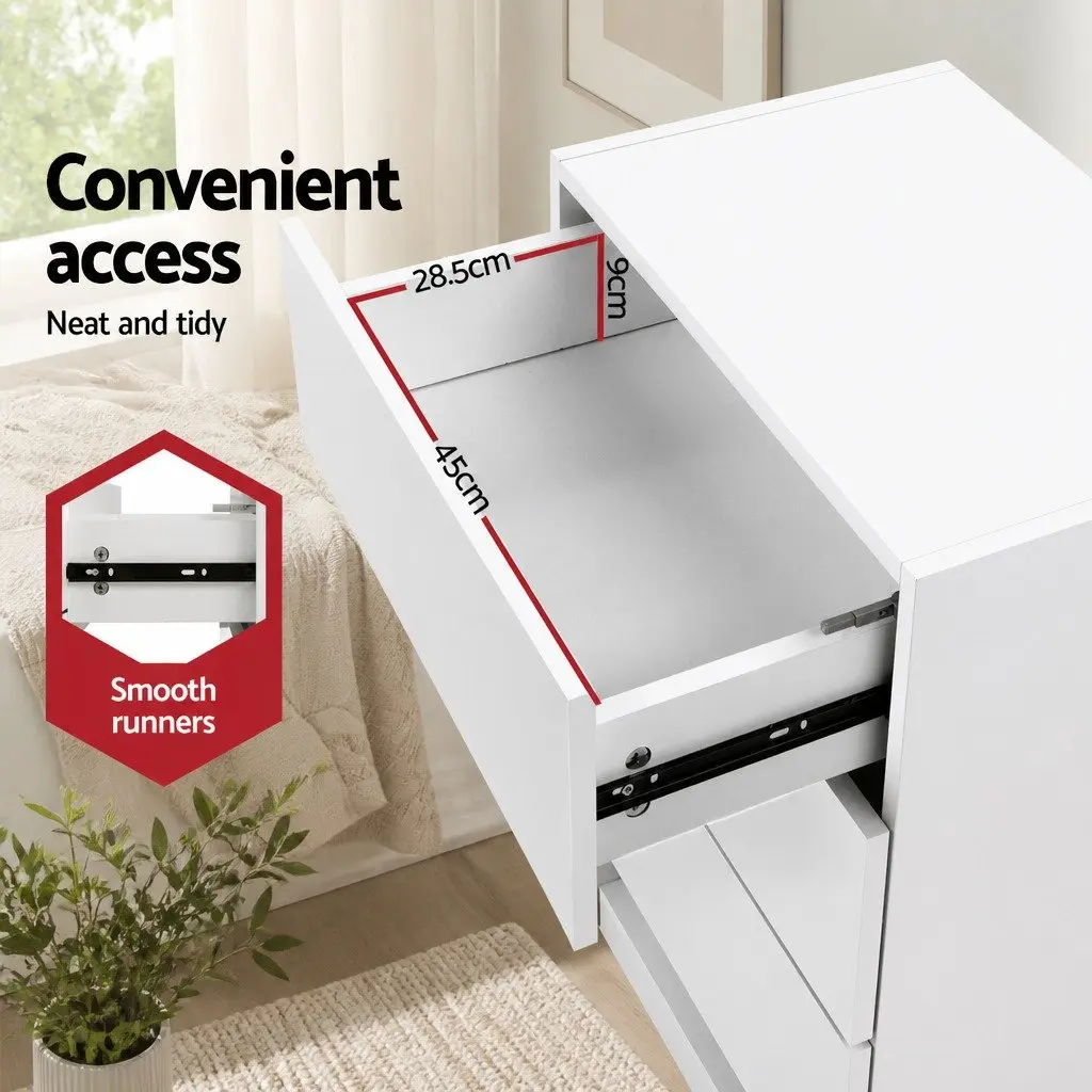 Bedside Table LED Lighting 3 Drawers White Modern