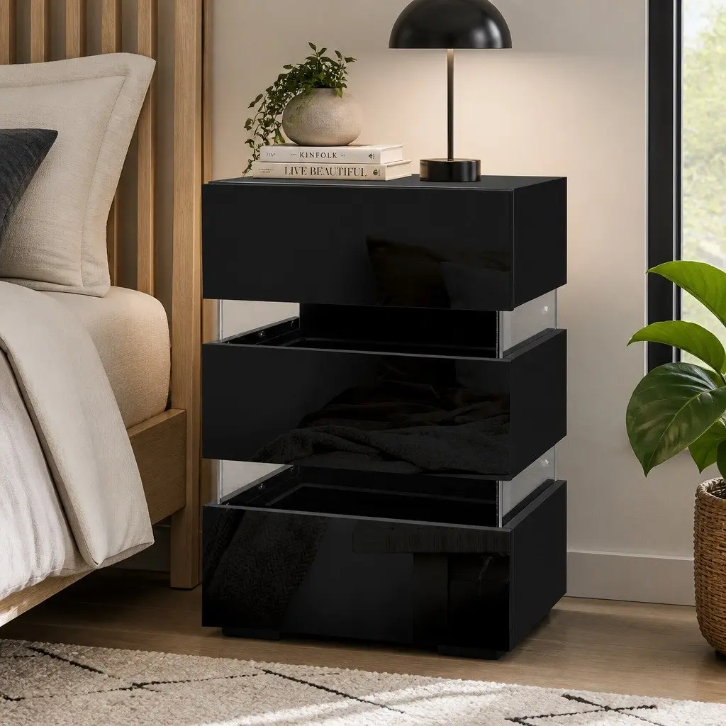 Black Bedside Table LED Light 3 Drawers Storage Furniture 45cm x 35cm x 67cm