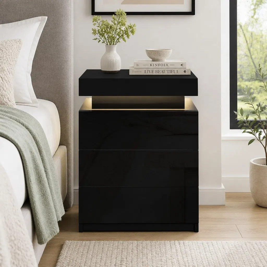 Bedside Table Particle Board MDF 45cm x 35cm x 68cm Black with LED Lighting 3 Drawers Storage Compartment