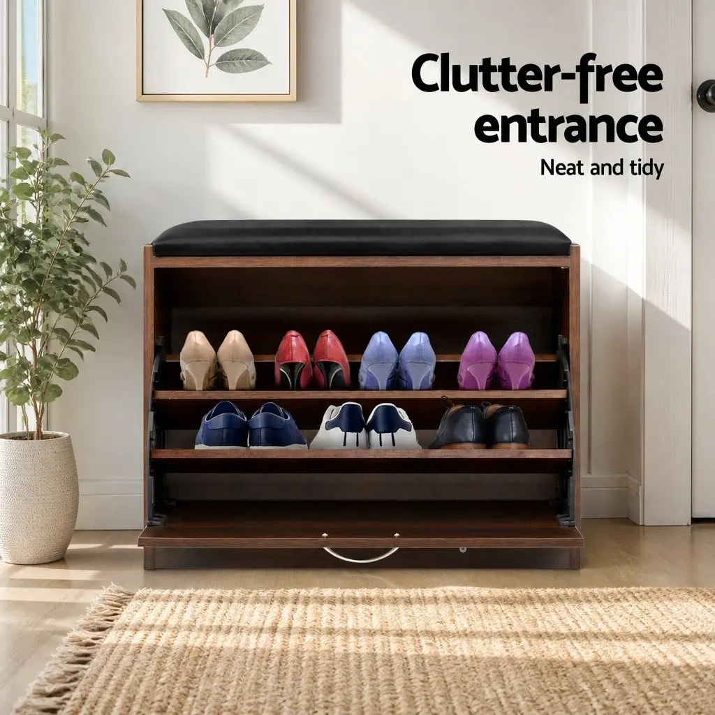 Shoe Rack Cabinet Bench Walnut 3 Tier Adjustable Storage Organiser 63cm L x 30cm W x 49cm H