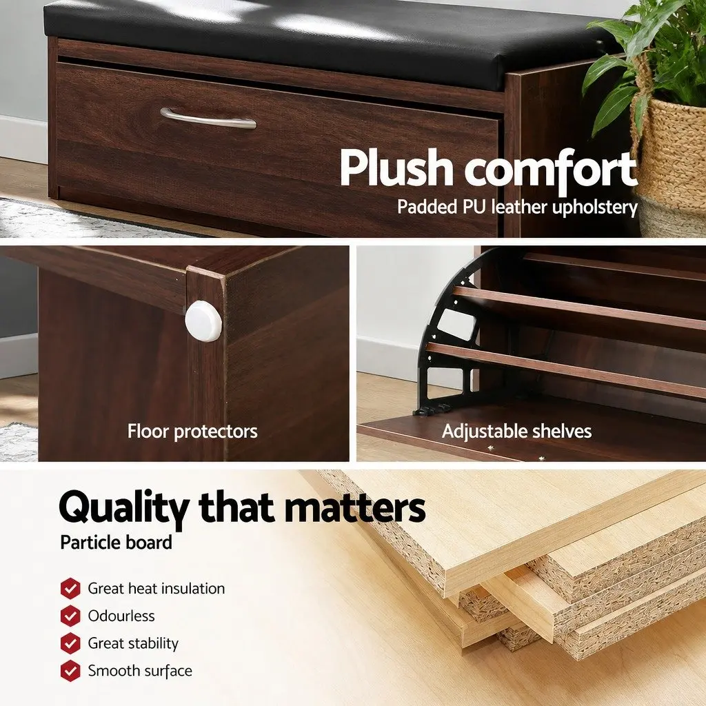 Shoe Rack Cabinet Bench Walnut 3 Tier Adjustable Storage Organiser 63cm L x 30cm W x 49cm H