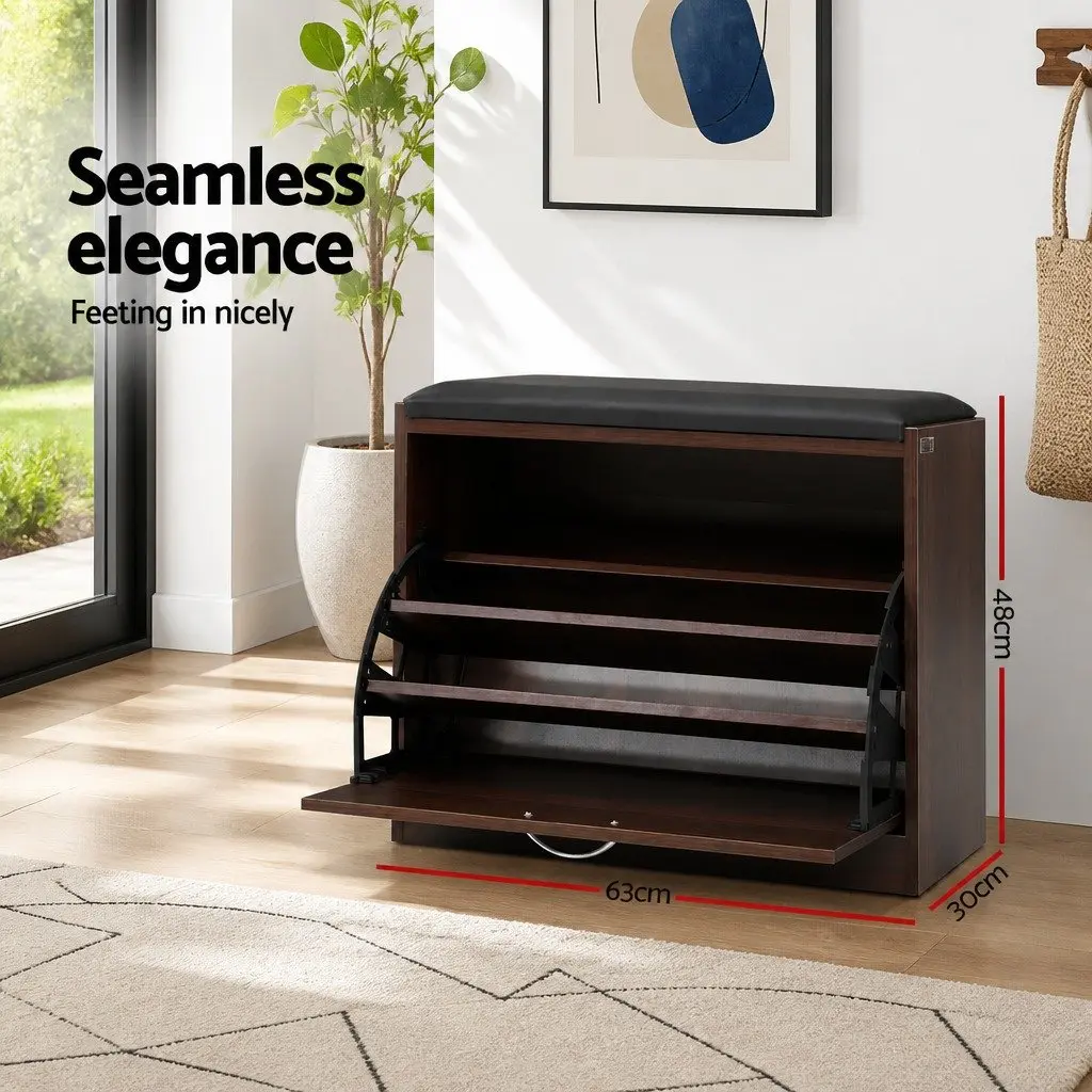 Shoe Rack Cabinet Bench Walnut 3 Tier Adjustable Storage Organiser 63cm L x 30cm W x 49cm H