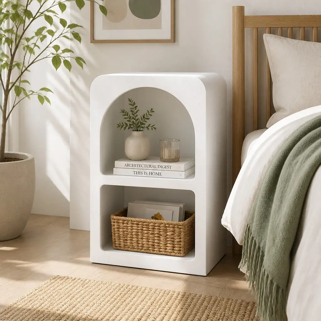 Bedside Table with Shelves Side End Table Nightstand Storage White Arched Design