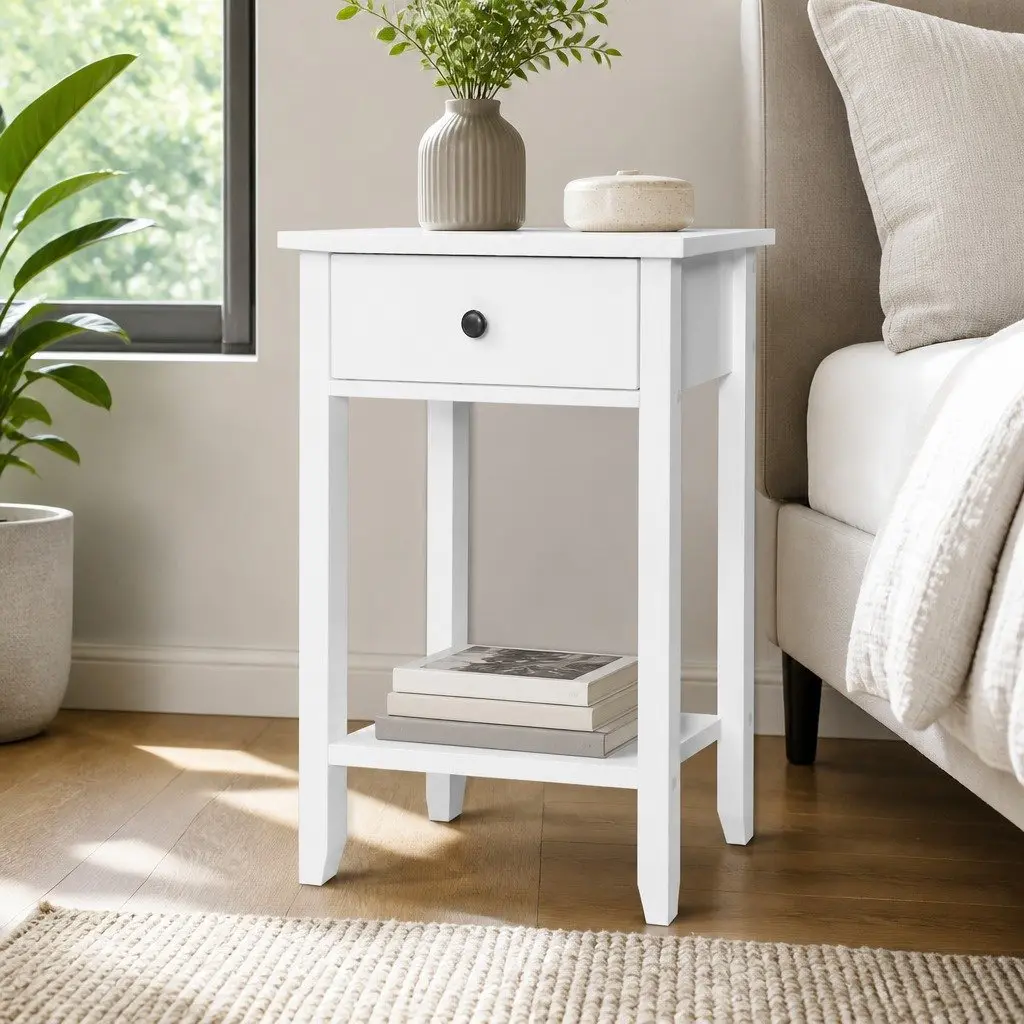 White Nightstand with Drawer and Shelf
