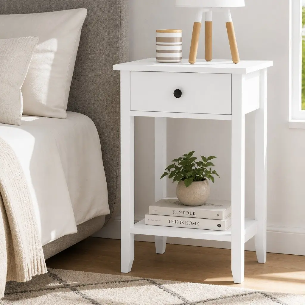 White Nightstand with Drawer and Shelf
