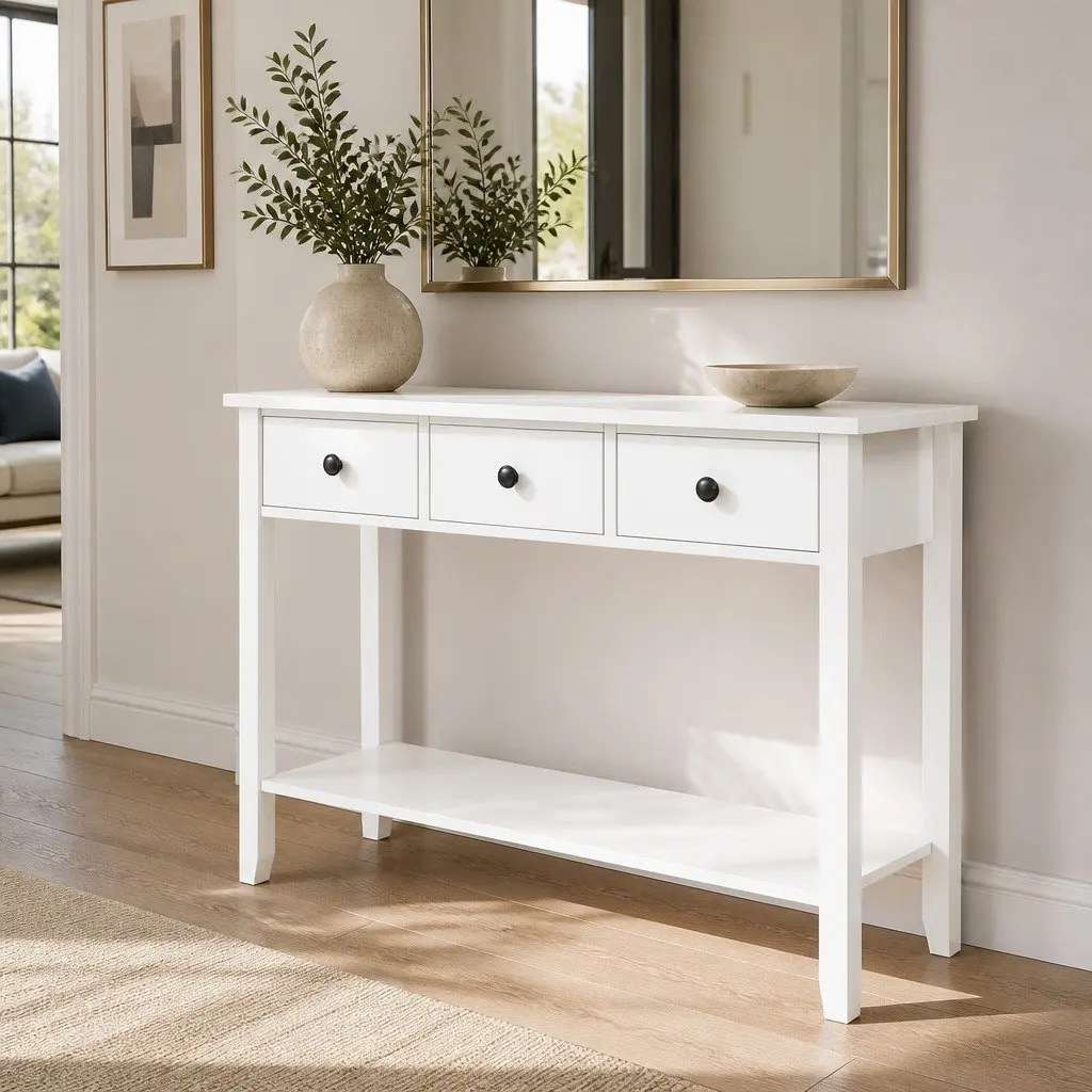 Console Table 3 Drawers 100CM White Hallway Entryway Storage Furniture