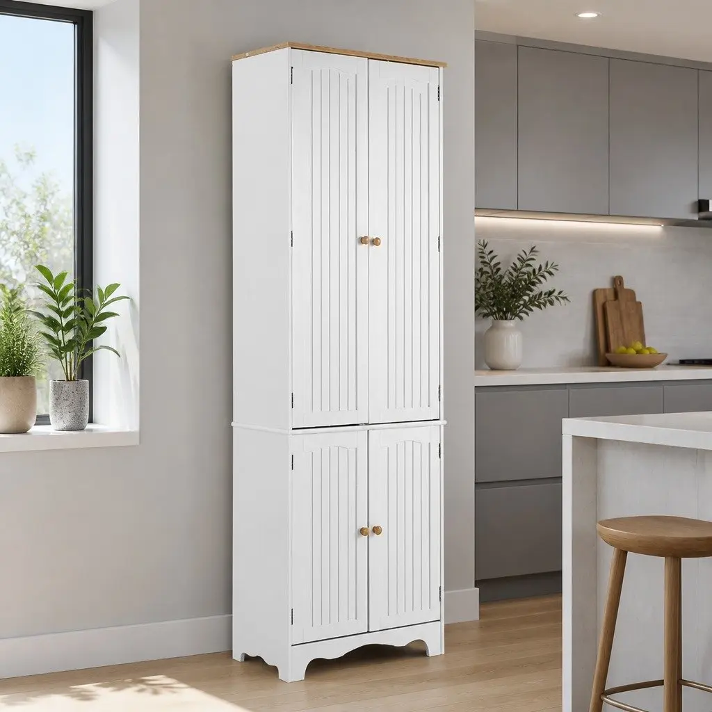 4 Door White Tall Cupboard Storage Cabinet Kitchen Dining Room Sideboard