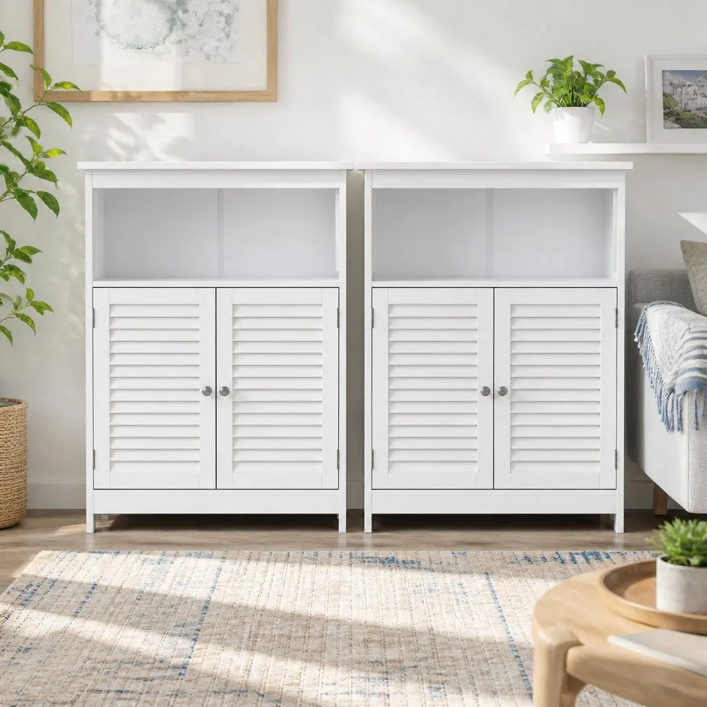 Buffet Sideboard Cabinet Louvred Doors Kitchen Storage 60cm x 30cm x 80cm White Set of 2