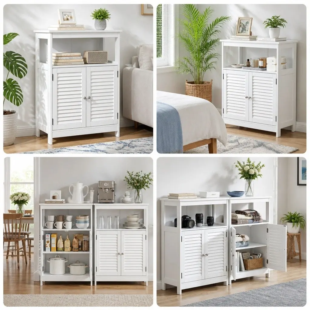 Buffet Sideboard Cabinet Louvred Doors Kitchen Storage 60cm x 30cm x 80cm White Set of 2