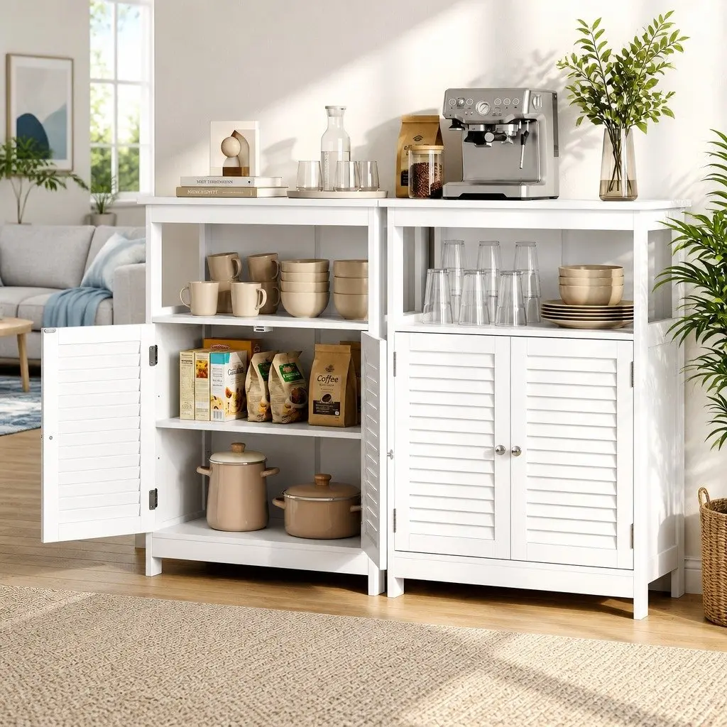 Buffet Sideboard Cabinet Louvred Doors Kitchen Storage 60cm x 30cm x 80cm White Set of 2