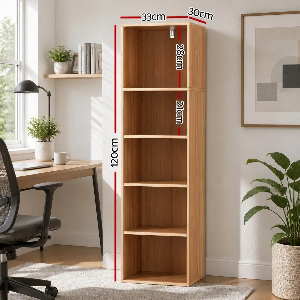 5-Tier Bookshelf Pine Adjustable Removable Storage Display Shelves 33cm W x 30cm D x 120cm H