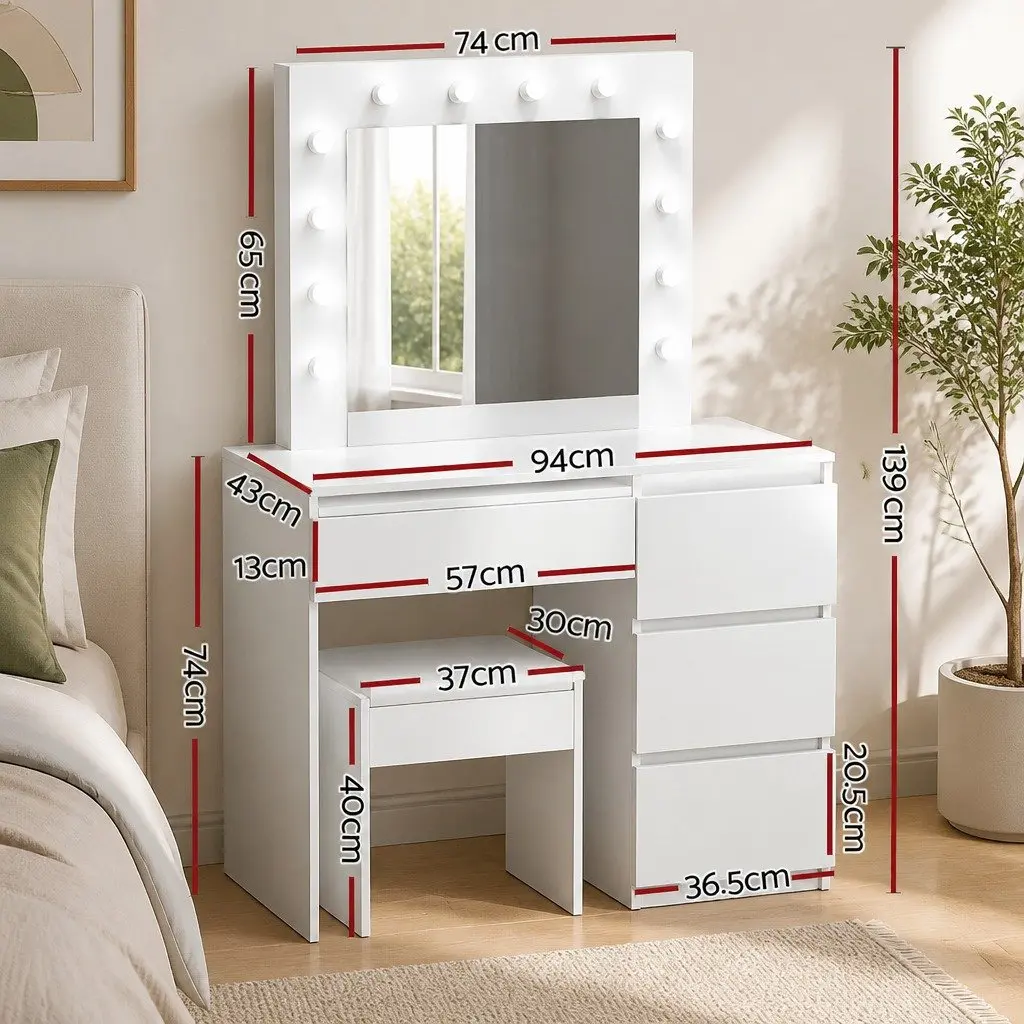 LED Dressing Table with Mirror and Stool White Particle Board 94cm x 139cm x 43cm 12 Bulbs