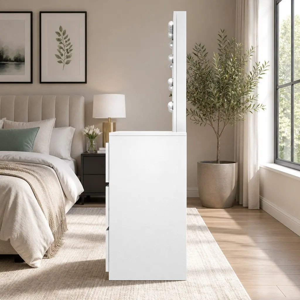 LED Dressing Table with Mirror and Stool White Particle Board 94cm x 139cm x 43cm 12 Bulbs
