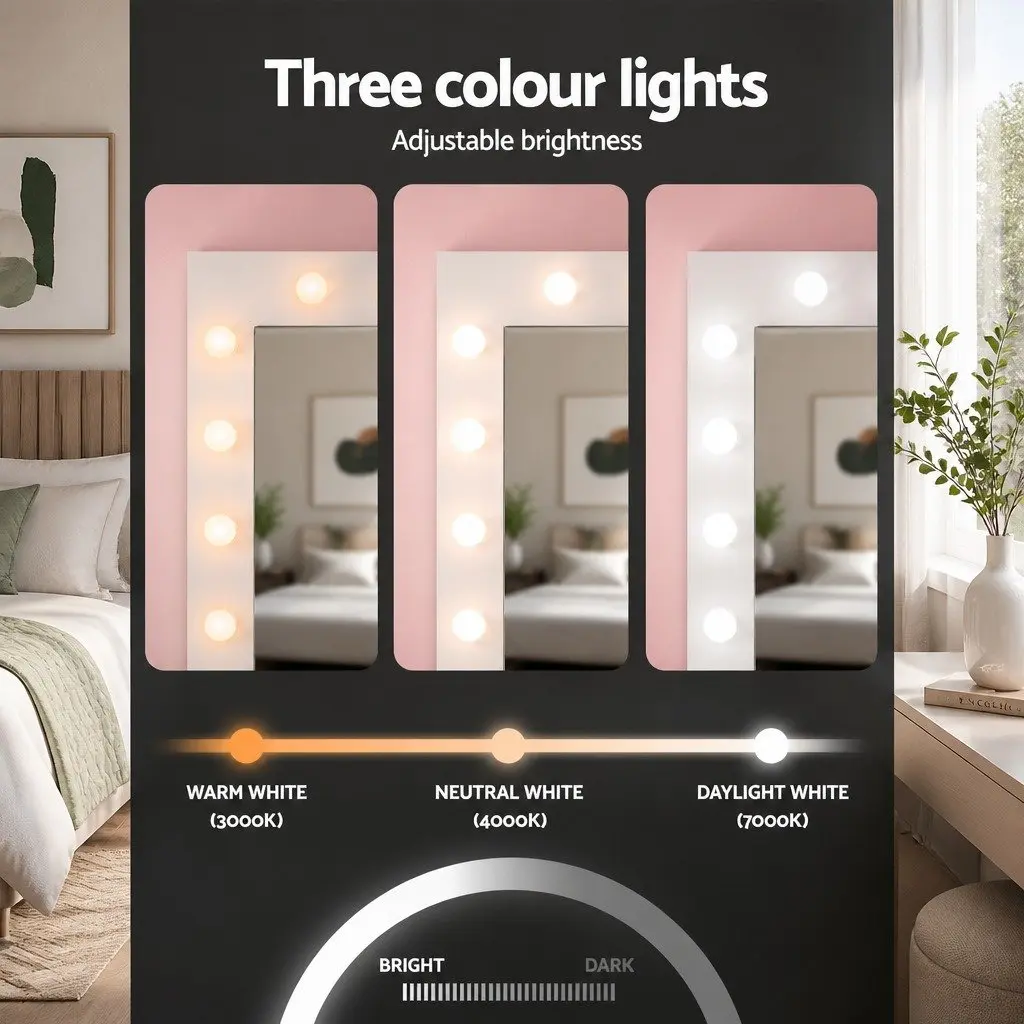 LED Dressing Table with Mirror and Stool White Particle Board 94cm x 139cm x 43cm 12 Bulbs