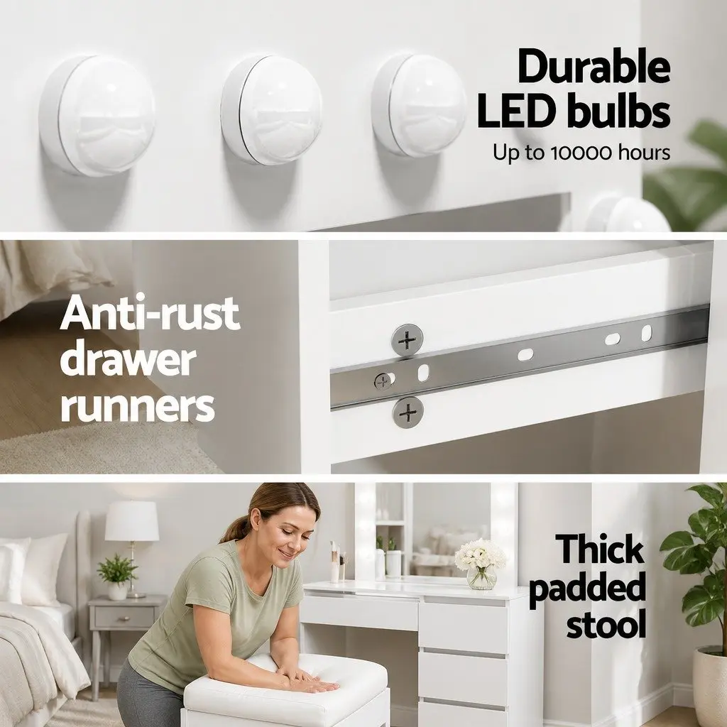 LED Dressing Table with Mirror and Stool White Particle Board 94cm x 139cm x 43cm 12 Bulbs