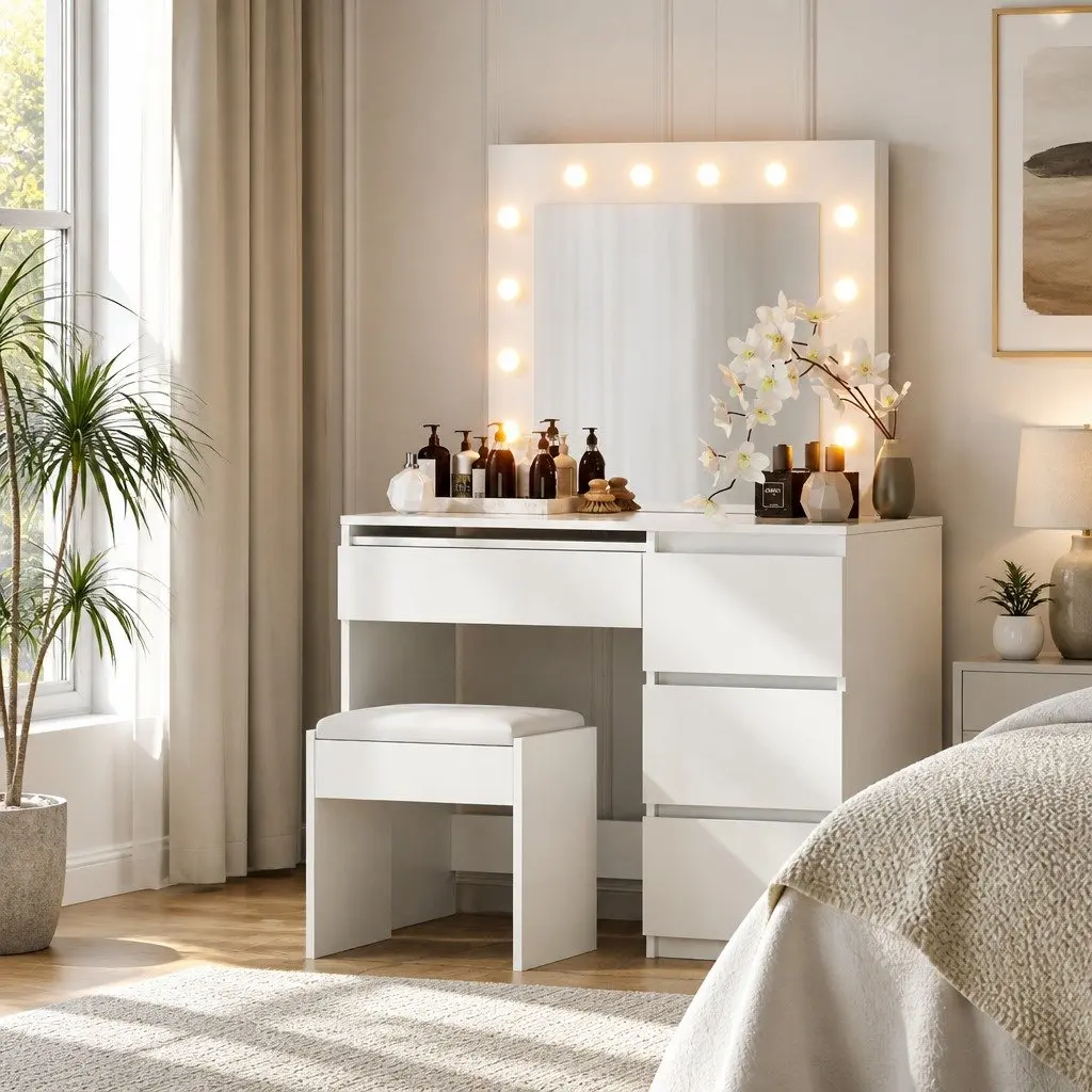 LED Dressing Table with Mirror and Stool White Particle Board 94cm x 139cm x 43cm 12 Bulbs