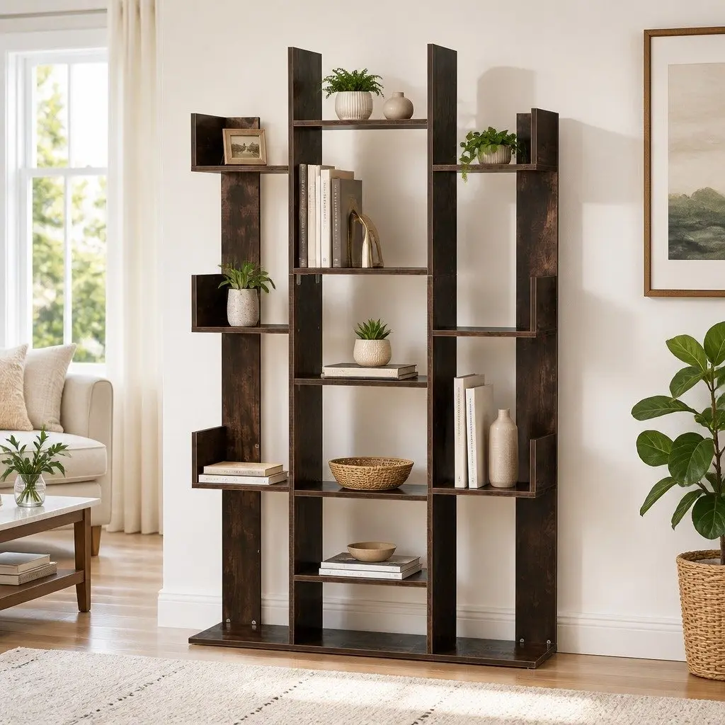 Walnut Tree-Shaped Bookshelf 13-Shelf Display Rack Home Office Multi-Compartment Storage Unit