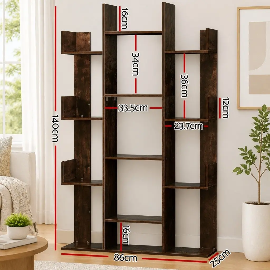 Walnut Tree-Shaped Bookshelf 13-Shelf Display Rack Home Office Multi-Compartment Storage Unit