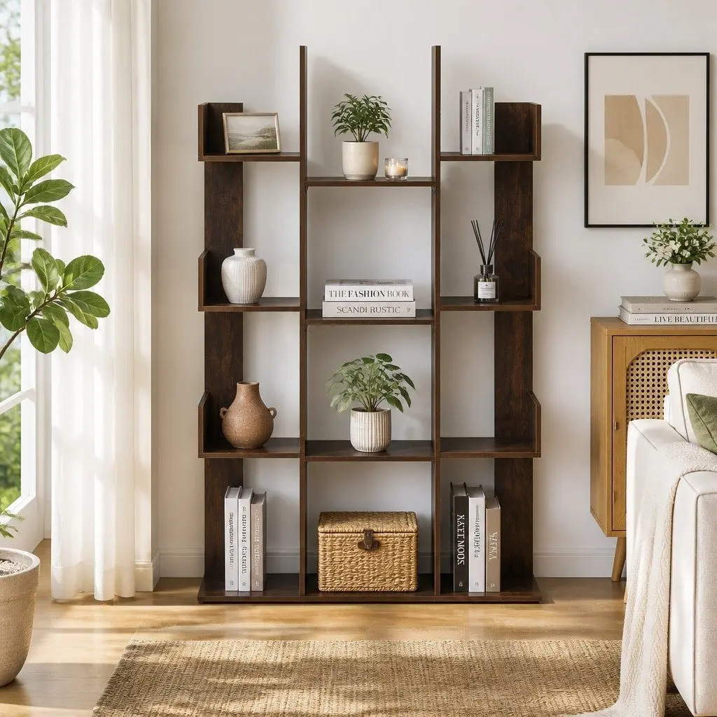Walnut Tree-Shaped Bookshelf 13-Shelf Display Rack Home Office Multi-Compartment Storage Unit