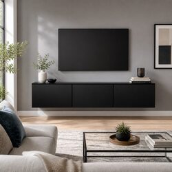 Floating TV Entertainment Unit Wall-Mounted Cabinet Black 3 Storage Cabinets