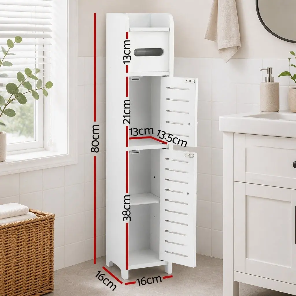 Slim Bathroom Cabinet White 3-Tier Storage Unit with Integrated Toilet Paper Holder and Adjustable Shelf for Small Spaces