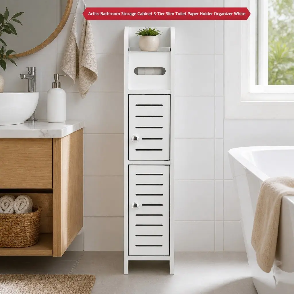 Slim Bathroom Cabinet White 3-Tier Storage Unit with Integrated Toilet Paper Holder and Adjustable Shelf for Small Spaces