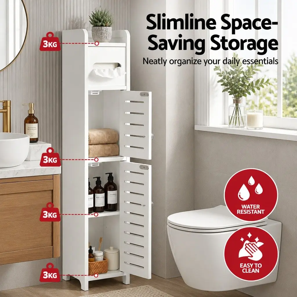Slim Bathroom Cabinet White 3-Tier Storage Unit with Integrated Toilet Paper Holder and Adjustable Shelf for Small Spaces