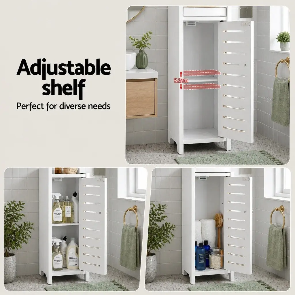 Slim Bathroom Cabinet White 3-Tier Storage Unit with Integrated Toilet Paper Holder and Adjustable Shelf for Small Spaces