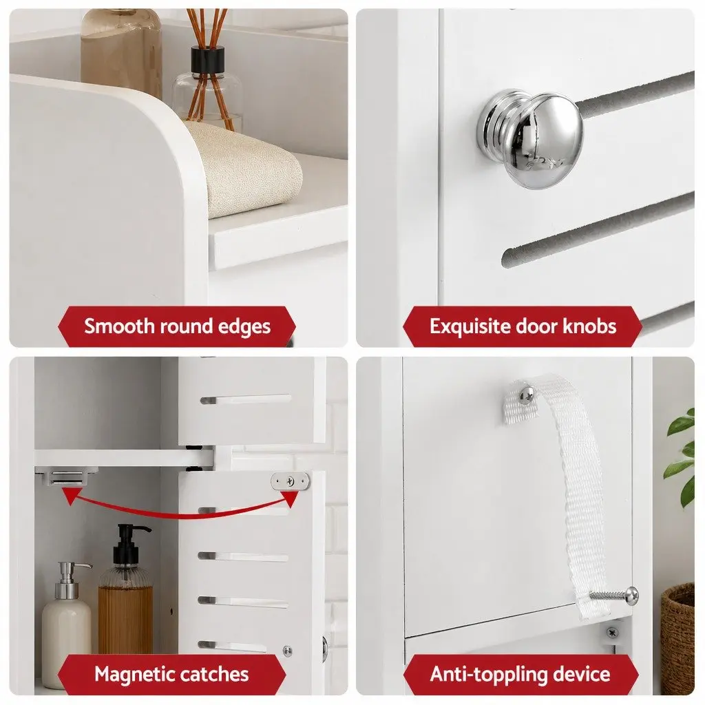 Slim Bathroom Cabinet White 3-Tier Storage Unit with Integrated Toilet Paper Holder and Adjustable Shelf for Small Spaces