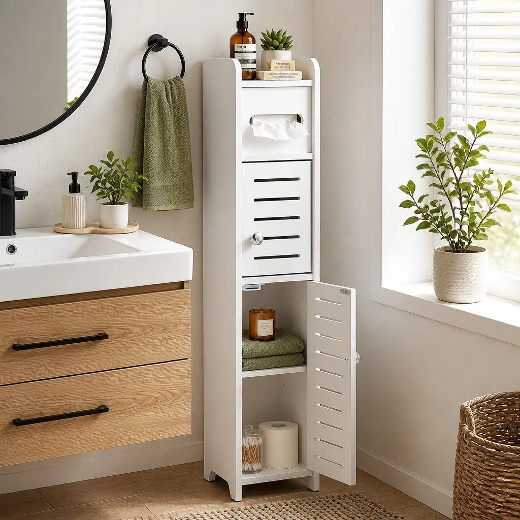 Slim Bathroom Cabinet White 3-Tier Storage Unit with Integrated Toilet Paper Holder and Adjustable Shelf for Small Spaces