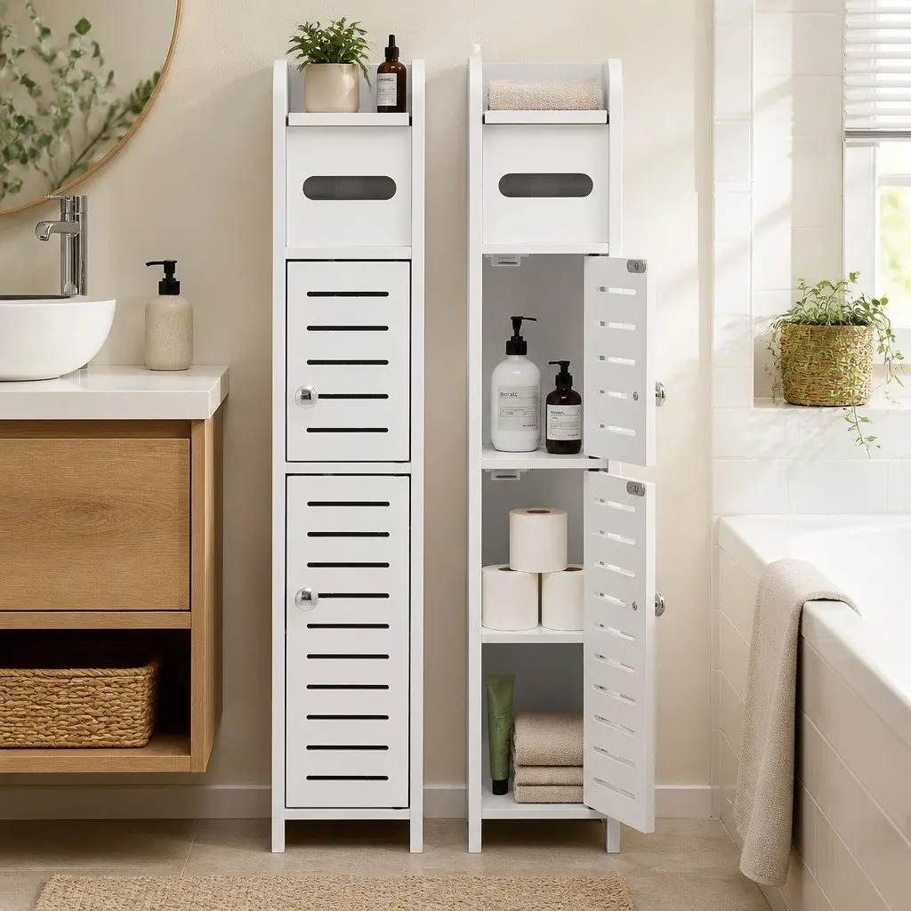 3-Tier Slim White Bathroom Cabinet with Integrated Toilet Paper Holder Adjustable Shelf and Louvered Door for Narrow Spaces