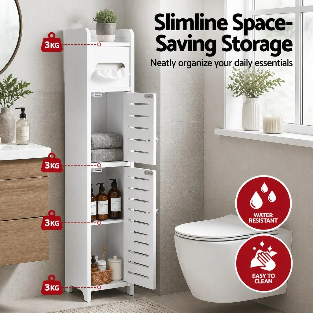 3-Tier Slim White Bathroom Cabinet with Integrated Toilet Paper Holder Adjustable Shelf and Louvered Door for Narrow Spaces