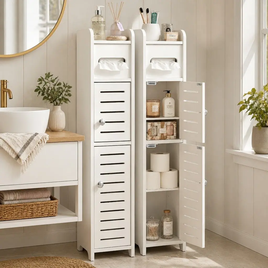 3-Tier Slim White Bathroom Cabinet with Integrated Toilet Paper Holder Adjustable Shelf and Louvered Door for Narrow Spaces