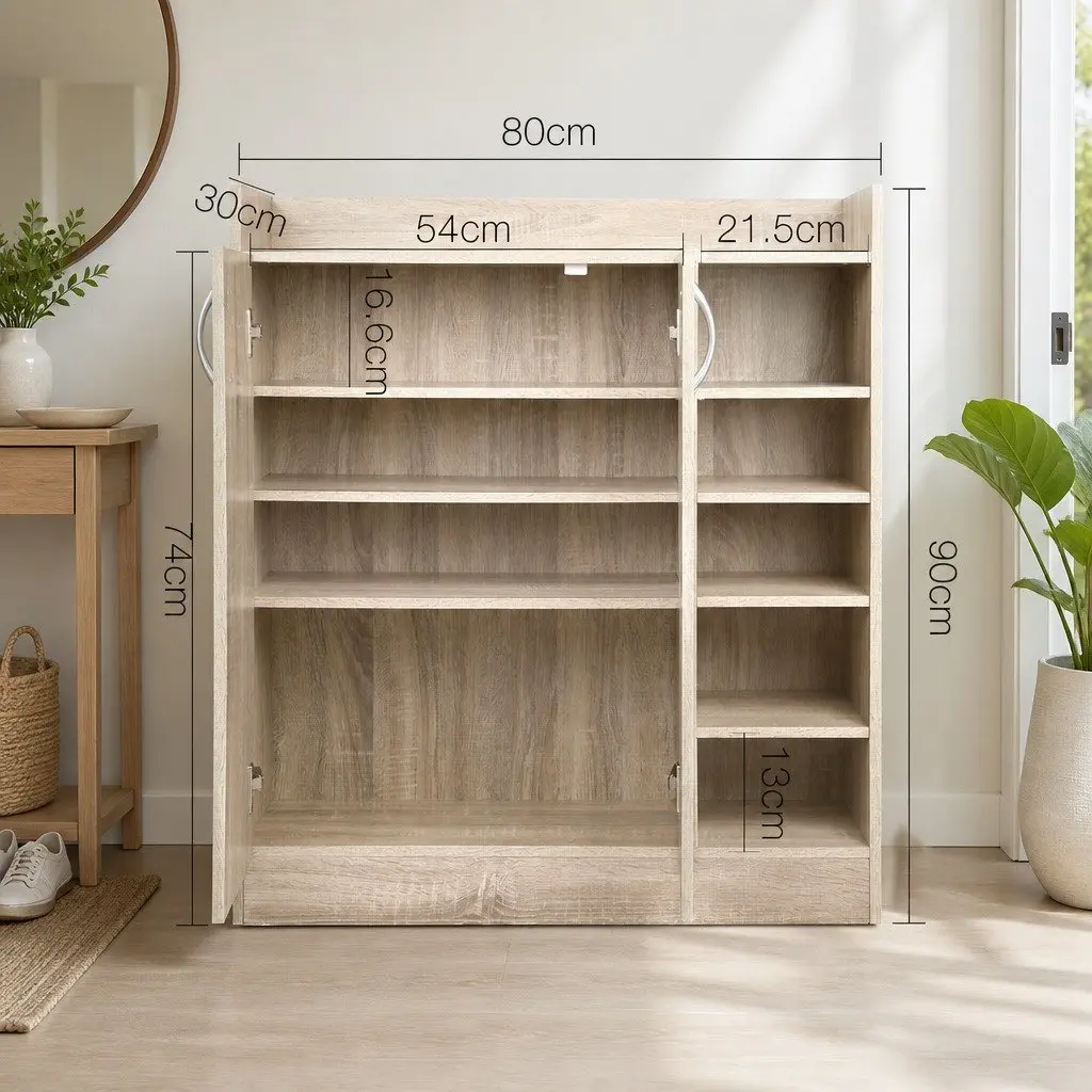 Shoe Rack Cabinet 21 Pairs Storage Adjustable Shelves Two Door Cupboard Natural
