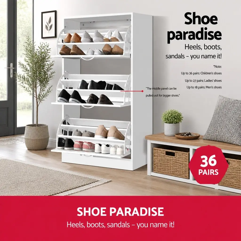 Shoe Rack Cabinet 36 Pairs Storage Adjustable Shelves White Organiser