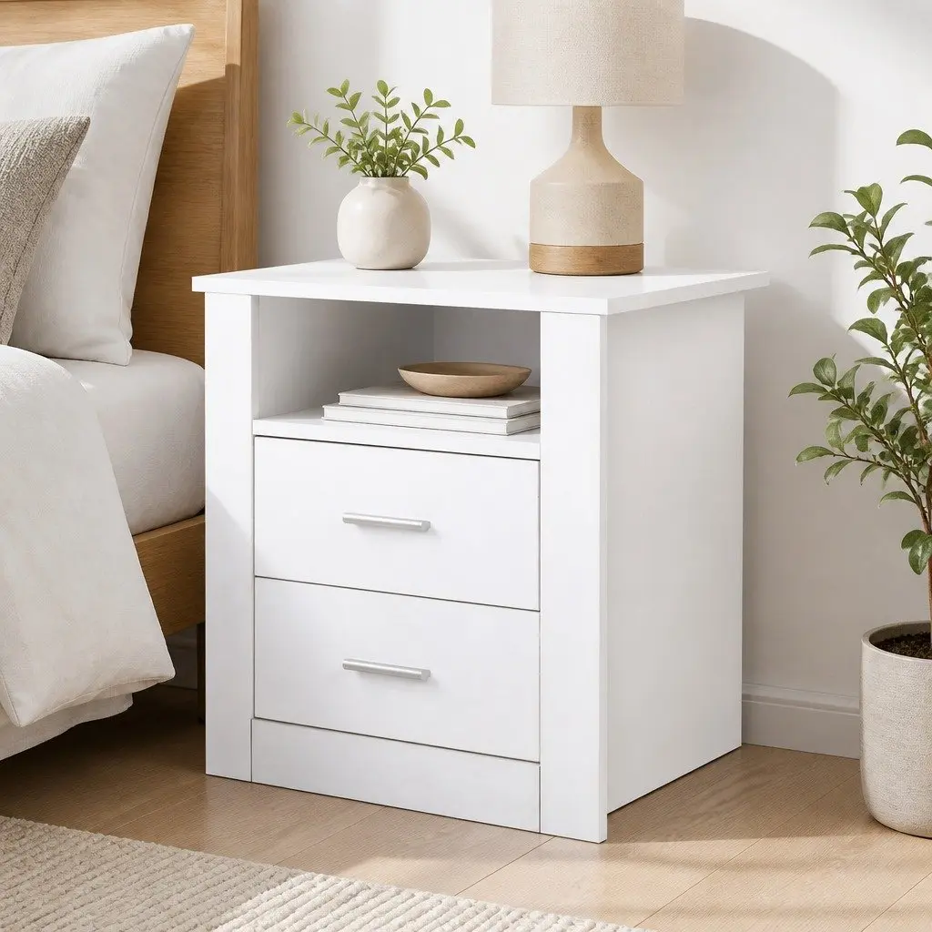 Bedside Table with 2 Drawers Open Shelf White Modern Bedroom Nightstand Storage