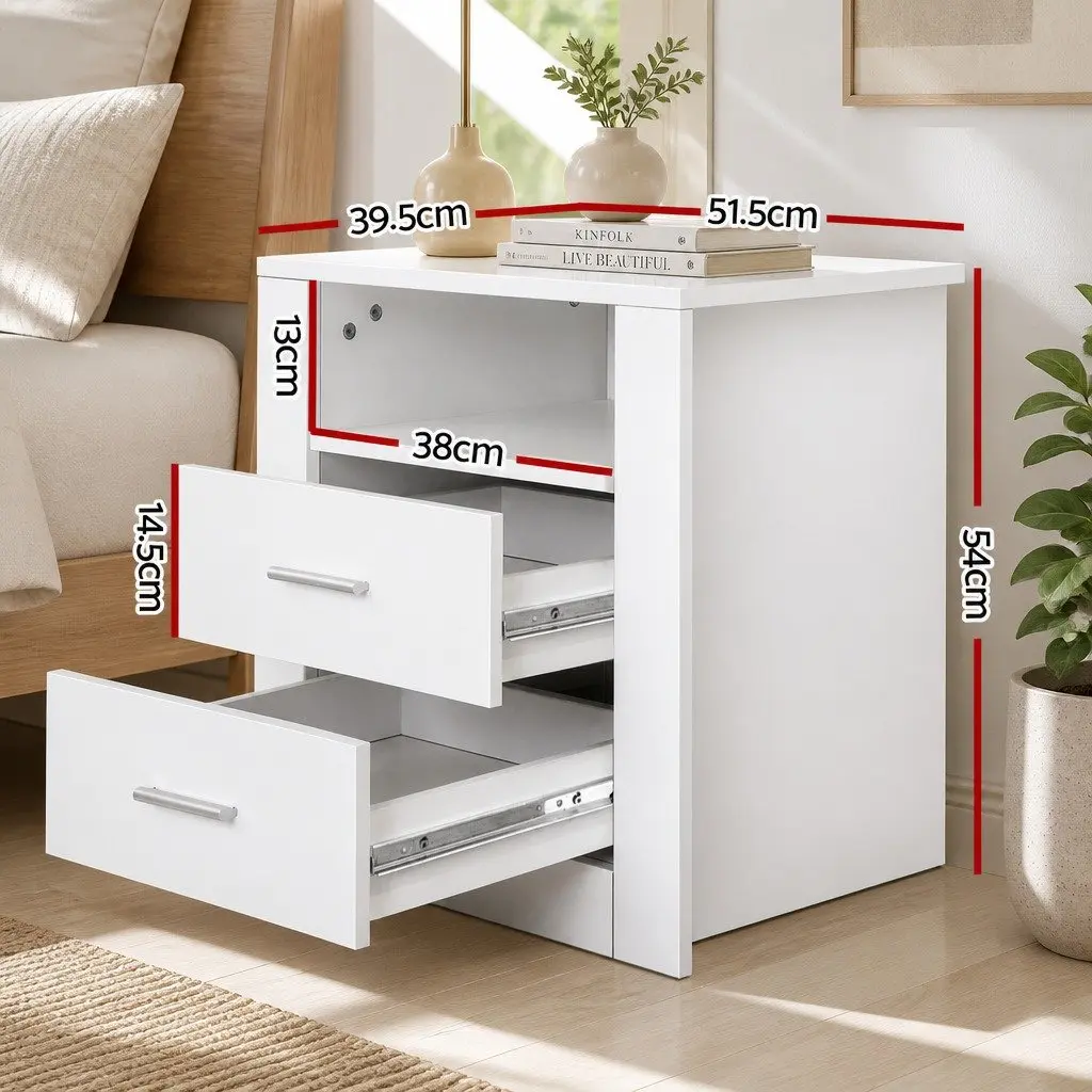 Bedside Table with 2 Drawers Open Shelf White Modern Bedroom Nightstand Storage